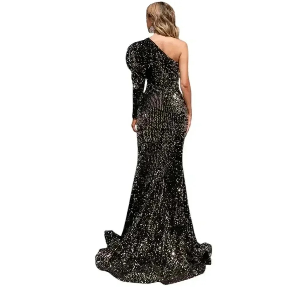 Brand New Miss Ord one shoulder cut out black and Gold sequin Dress Size M - Picture 2 of 16